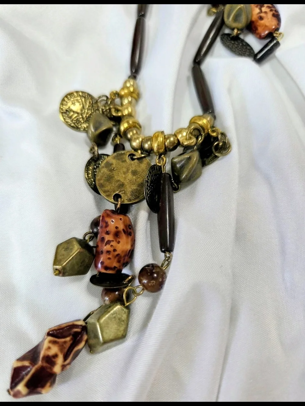 Artisan Layered Bead and Charm Necklace in Olive and Brown